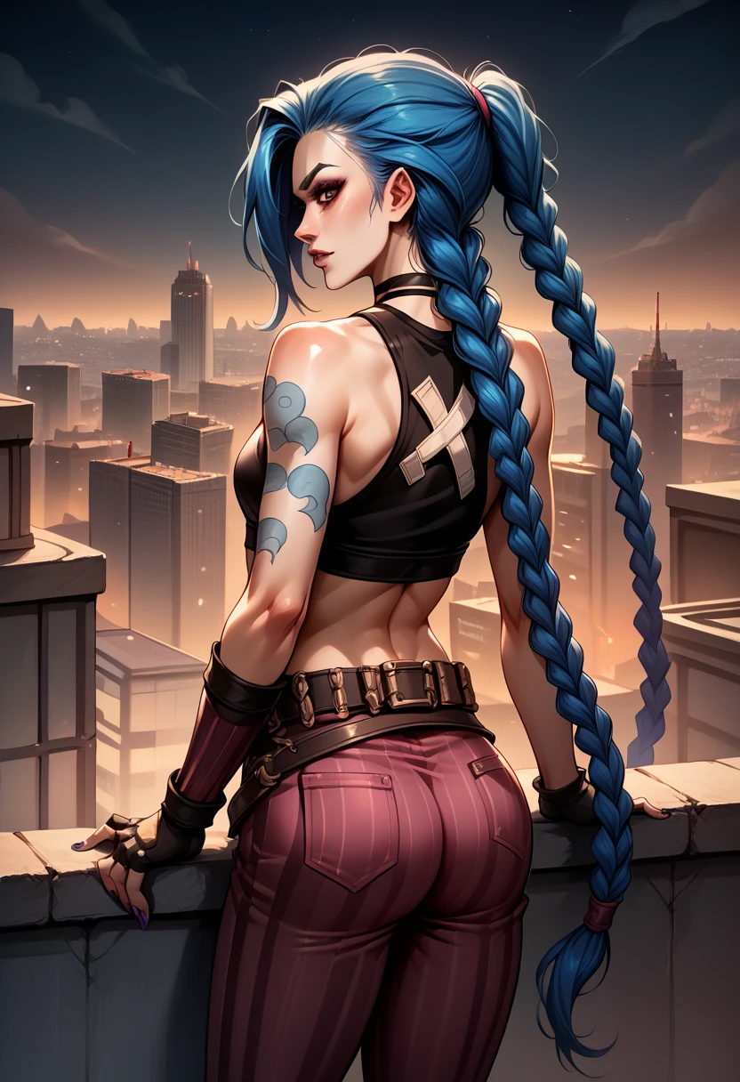 score_9, score_8_up, score_7_up, BREAK, score_9, 1girl, arcane, jinx, long hair, twin braids, bare shoulders, choker, crop top, fingerless gloves, detached sleeves, single sleeve, belt, nail polish, tattoo, bandaid on leg, pants, striped, cowboy shot, ass, looking back, from behind, standing on rooftop, night, city, city lights