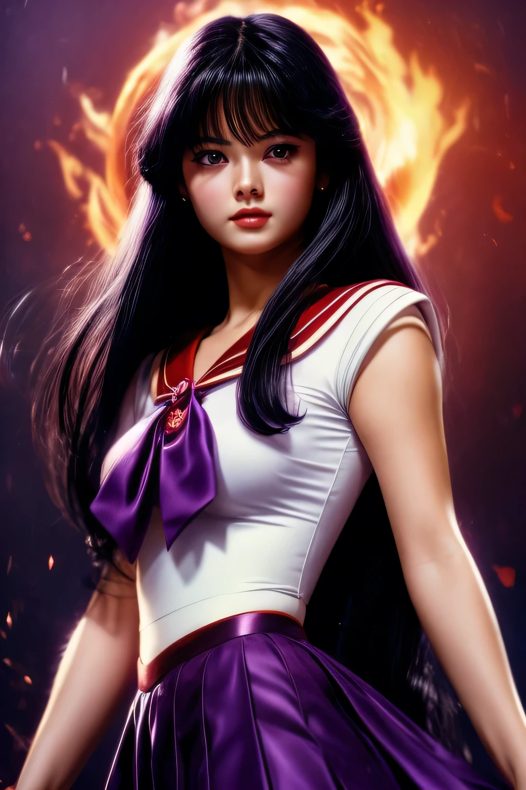 sailor mars, realistic, 1girl, beautiful detailed eyes, beautiful detailed lips, extremely detailed face and features, long dark purple hair, dark purple eyes, red skirt, purple ribbon, white top, photorealistic, 8k, ultra-detailed, highly detailed, intricate details, masterpiece, cinematic lighting, dramatic lighting, vibrant colors, rich textures, elegant, graceful, powerful, magical girl, fantasy, 1980 dark fantasy movie, fire power