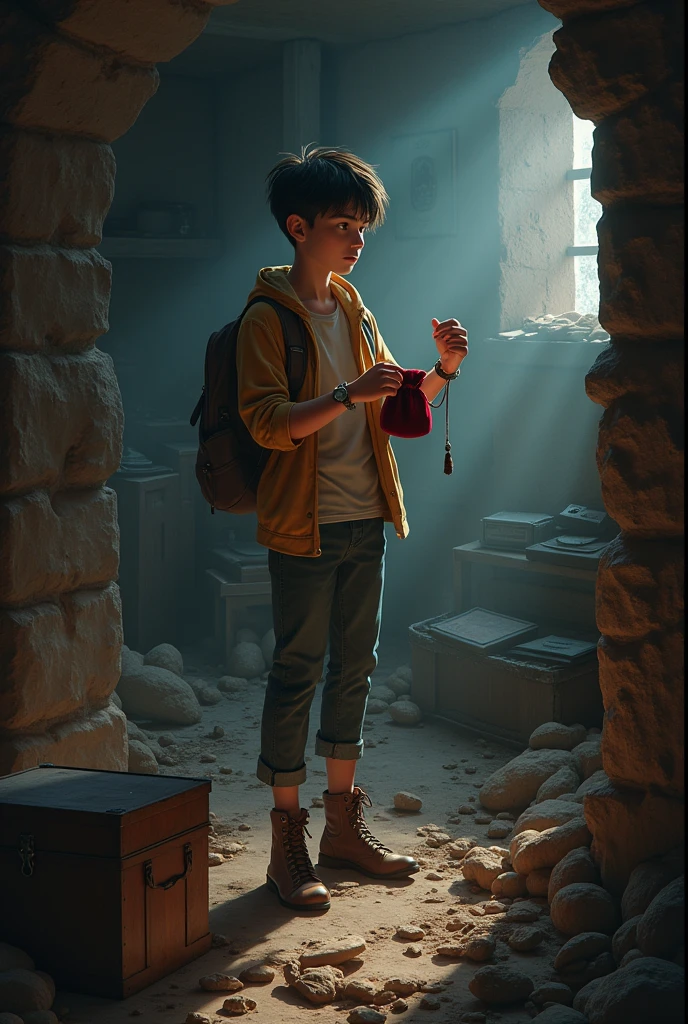 Make an image of a dark boy reading a book in front of a fireplace with the walls all scribbled with words and symbols, a somewhat dark setting