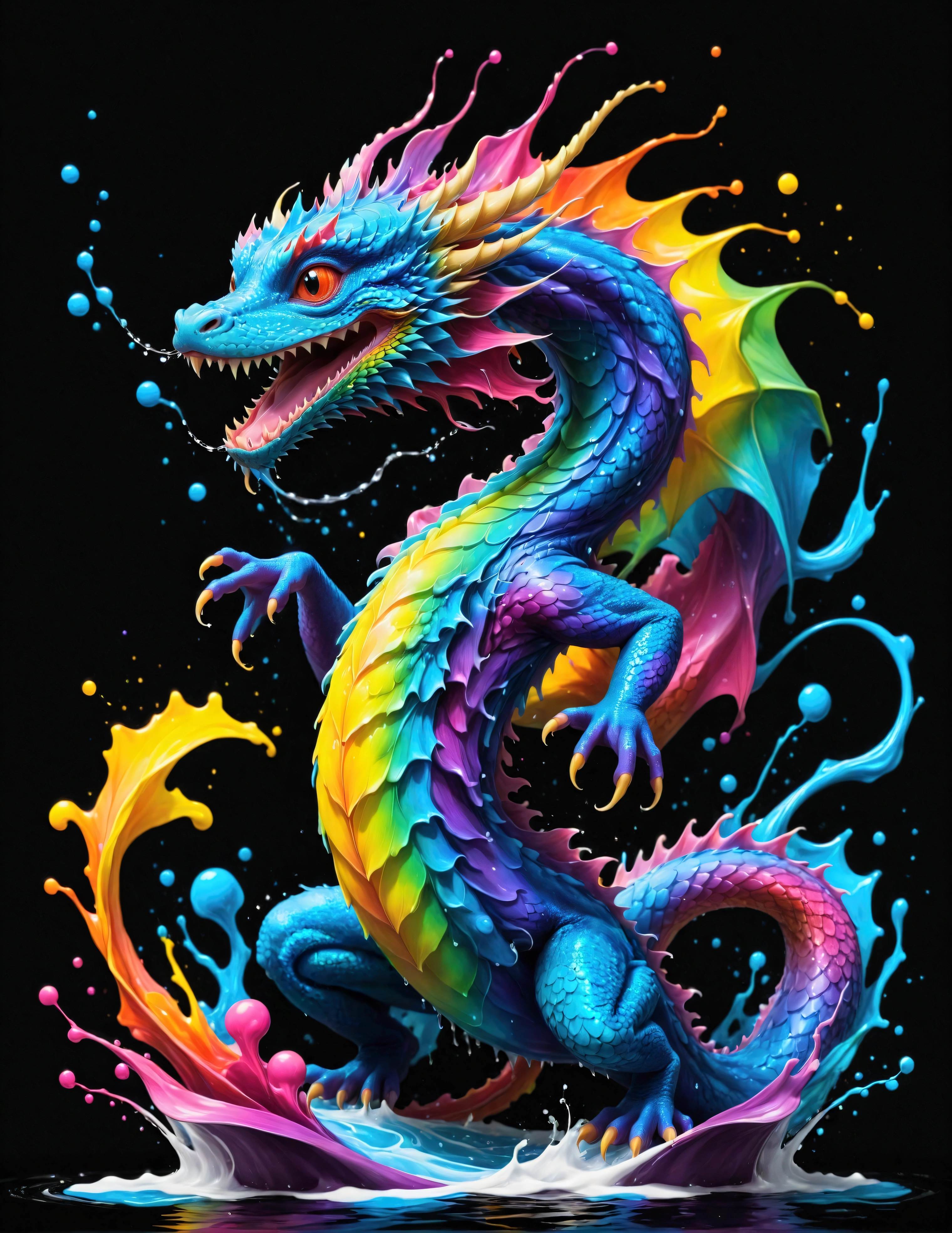 Fixes,Expressing the flow of ink dancing in the wind,water effects,colorful water,A water dragon is swimming in the ink,dragon&#39;The body is smooth and streamlined.,Ink splash,Sparkling,Bright colors,light reflection,rich colors,abstract,3d,8k,High resolution,masterpiece,high quality,Detailed details,Colors of the rainbow,laugh mischievously,tricky,design,fun,bright colors,splash of water,invite you to the world of art,wonderful,dim background