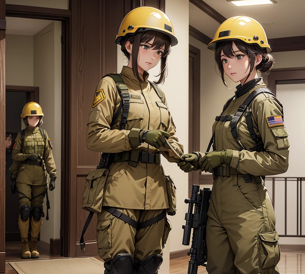 A group of female soldiers all wearing yellow earth-colored uniforms ...
