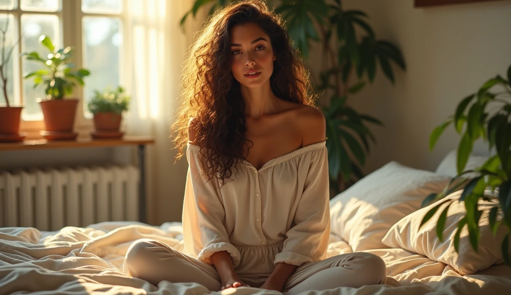 (photorealism:1.2), beautiful woman, sitting on bed, wearing loose off-shoulder top, pajama pants, long curly hair, indoors, soft lighting, plants in background, window with sunlight, cozy room, relaxed pose, realistic, intricate details, warm colors, by Greg Rutkowski, by Alphonse Mucha