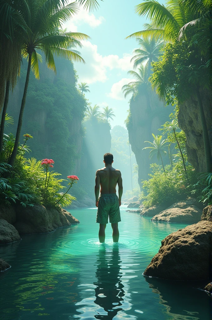 european man in underwear standing in front of a body of water,There is sunlight in the water body,Northeast muscle male,Mannequins,Triangle underwear,There are duckweeds in the water,Lotus leaf,Very short black hair,The style of a star,One piece of school grass,Place your hands on your waist,Strong arms,Very sexy,The crotch is also largeThe underwear is printed with a pattern,There are also small fish in the water,Yang Yang's height and appearance,The color of the underwear is black
