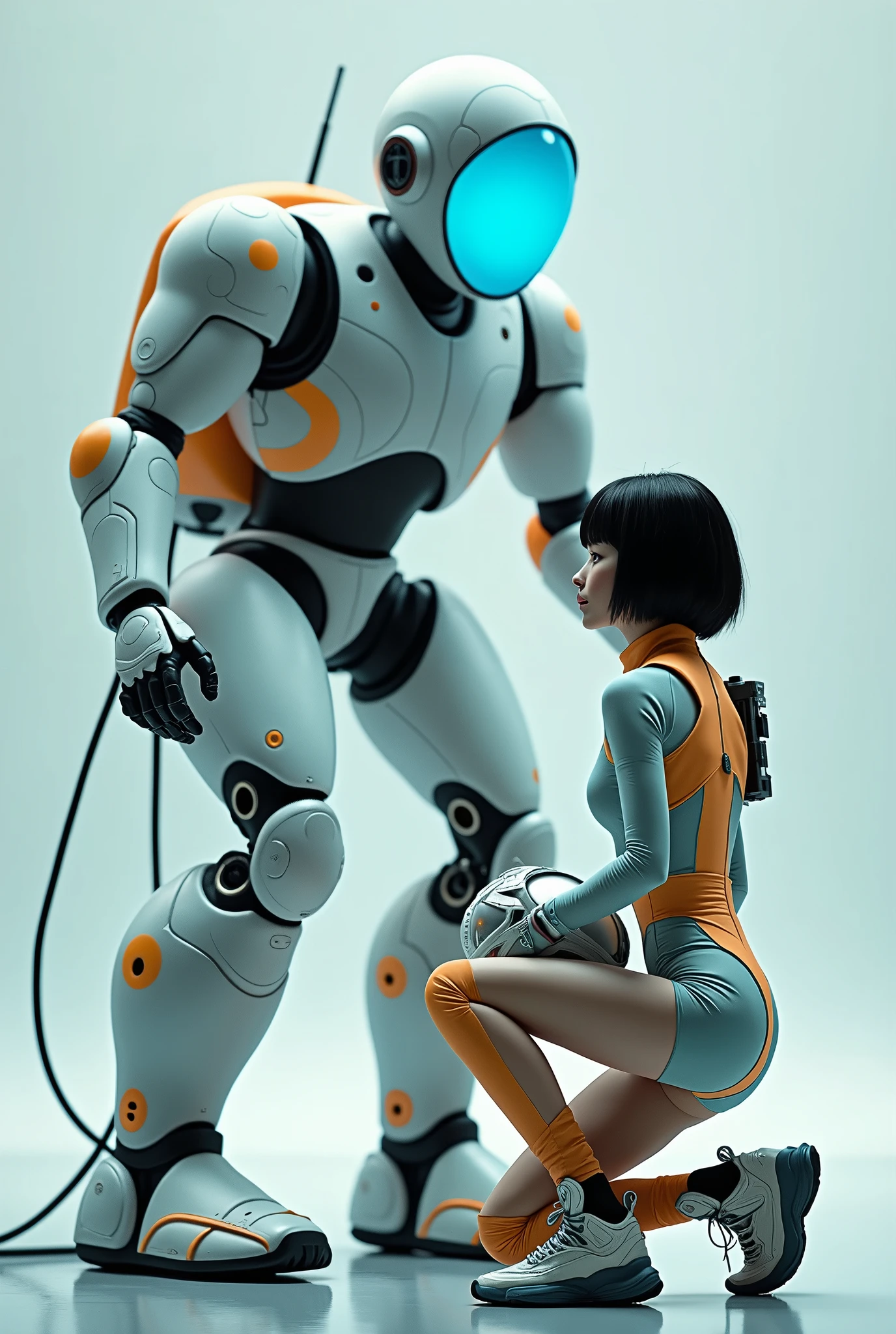 8k,4k,((Best quality, masterpiece, ultra high resolution)),((full body, by pixelsketcher)), EVE,robot, breasts,humanoid robot, blue eyes, no mouth, white skin, ,screen face,featureless feet,sitting, ((destroyed city, trash))