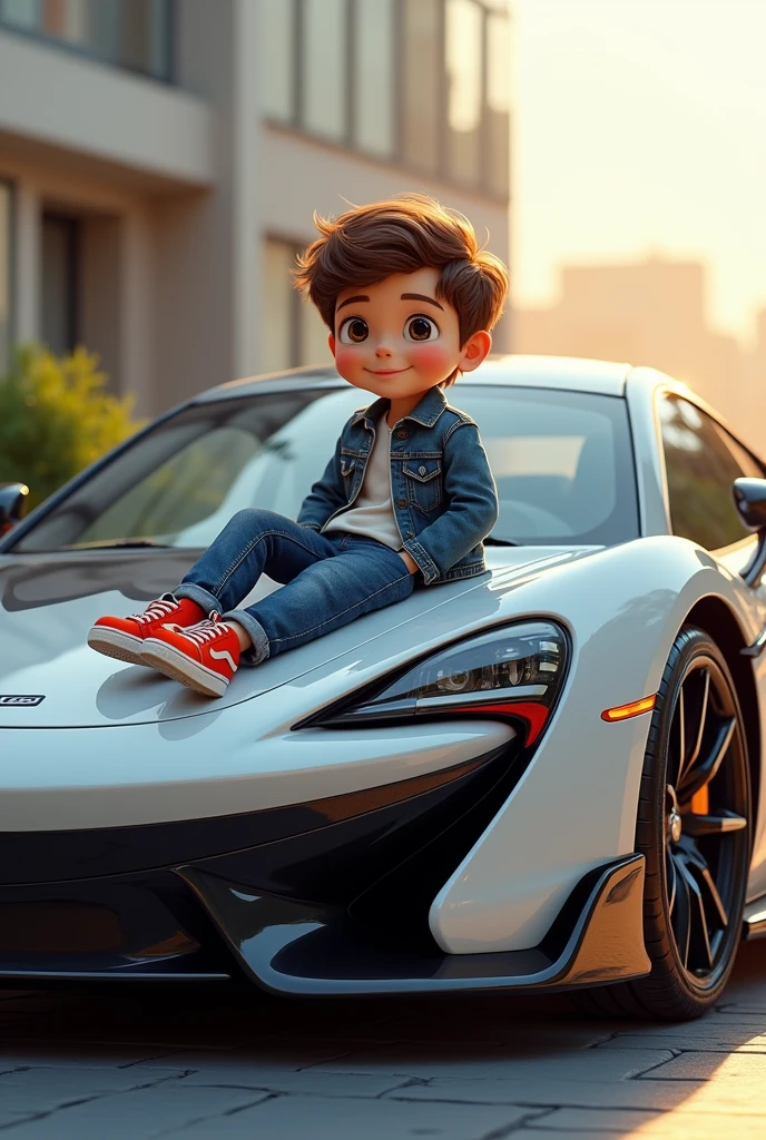 A baby boy who is sitting on bonut of murcedeas car he cute and smart