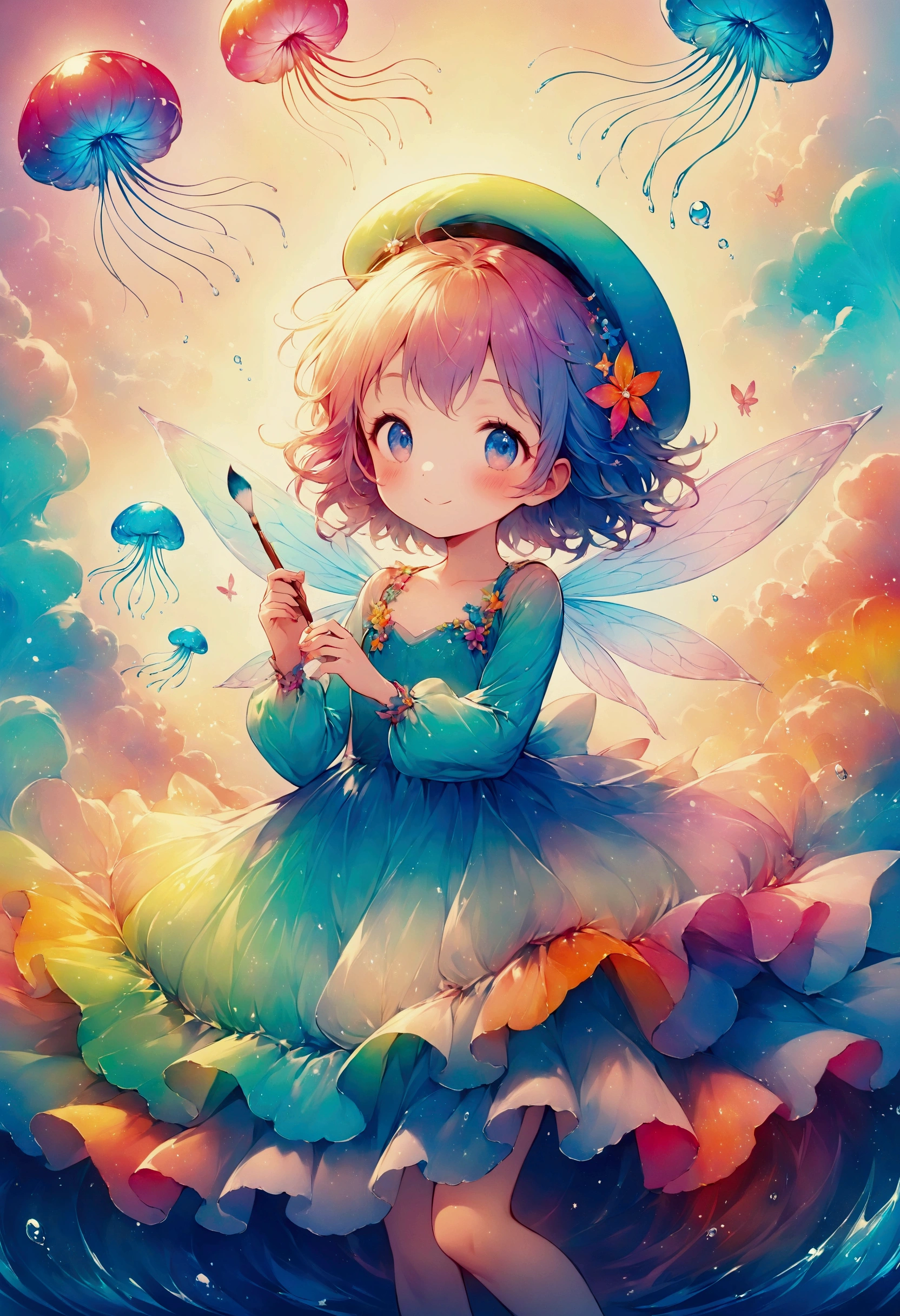 A small sea fairy with a transparent blue body resembling a water droplet, delicate jellyfish-like wings on its back, and a stylish artist's beret on its head. The fairy is holding a paintbrush in its hand, flying through the air, and using the waves and wind of the sea to paint. Surrounded by soft sea foam and gentle breezes, the character radiates creativity and joy. The atmosphere is whimsical and artistic, with warm, friendly expressions that emphasize the fairy's role as a cheerful and imaginative mascot. The scene captures a light and playful mood, with a focus on the fairy's beret and artistic tools.,Anatomically correct,colorful,Colorful,Absurdly beautiful,Transparency,Bioluminescent Dress