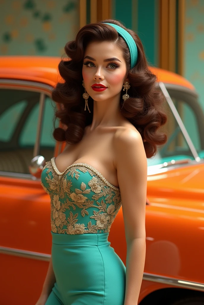 Glamorous 1950s pin-up woman with voluminous vintage style brown curls and turquoise headband poses confidently next to classic retro car in bright orange and turquoise. She wears a form-fitting bustier with a floral pattern and intricate embroidery., complementing her bright red lipstick and winged eyeliner. The background is decorated with Art Deco patterns., which add a nostalgic mid-century vibe. Her elegant earrings and flawless makeup complete the luxurious look., vintage look, unreal engine, Greg Rutkowski, Loish, RADS, Bipl, Makoto Shinkai and Lois van Baerle, Ilya Kuvshinov, Rossdros, Tom Bagshaw, Alphonse Mucha, global illumination, detailed and intricate furnishings