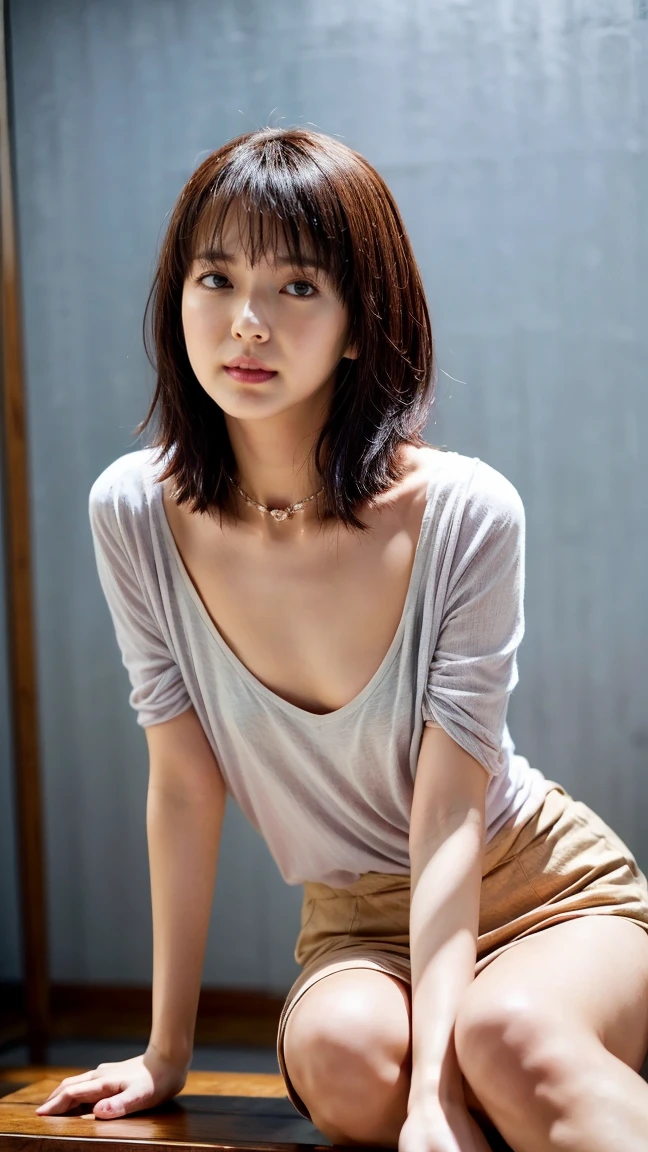 ((Petite women, Sensual woman, No makeup, 柔らかい笑face)), (((Small eyes, Long, narrow eyes))), (Full body portrait, Black Hair, Short Hair, Small breasts, Wearing a white T-shirt, Protruding nipples, Thick pubic hair), White skin, Glossy pale lips, skinny, Body Type, Delicate and sexy collarbone, Best Quality, RAW Photos, Realistic, face, so beautiful, cute, Depth of the written border, High resolution, 超detailed, detailed, Very detailed, extremely detailed eye and face, Sharp pupils, Sharp focus, Cinema Lighting