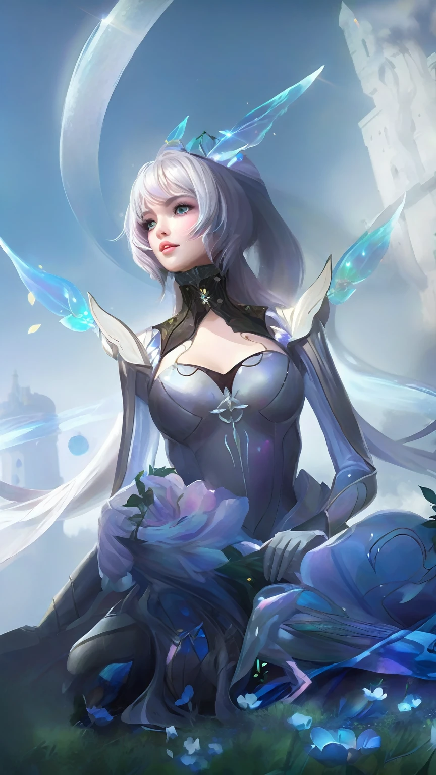 short hair,purple hair ornament,looking at viewer,cityscape,night,gem,jewelry,mature female, parted bangs, white hair, shiny hair,arms behind back,angry, <lora:Jing_20230709202801-000007:0.7>