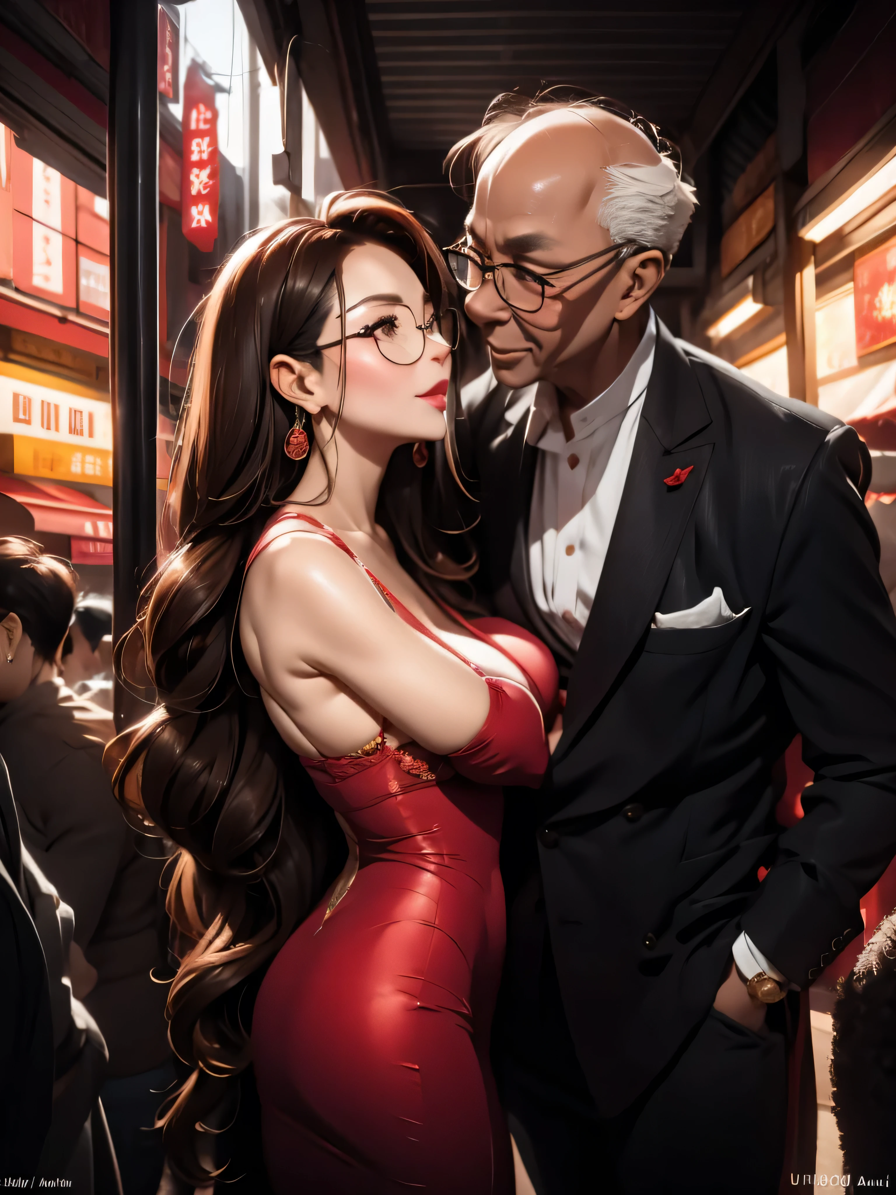 A beautiful woman wearing a revealing dress, kissing her elderly husband in the crowded market, UHD, masterpiece, textured skin, super detail, best quality, 8k.