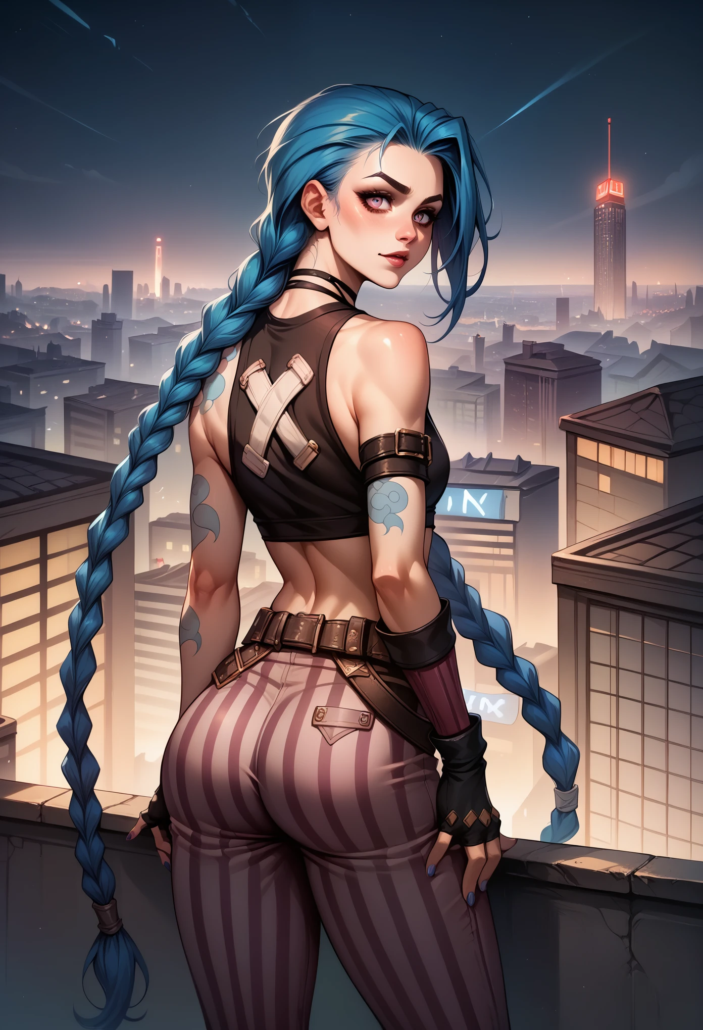 score_9, score_8_up, score_7_up, BREAK, score_9, 1girl, arcane, jinx, long hair, twin braids, bare shoulders, choker, crop top, fingerless gloves, detached sleeves, single sleeve, belt, nail polish, tattoo, bandaid on leg, pants, striped, cowboy shot, ass, looking back, from behind, standing on rooftop, night, city, city lights