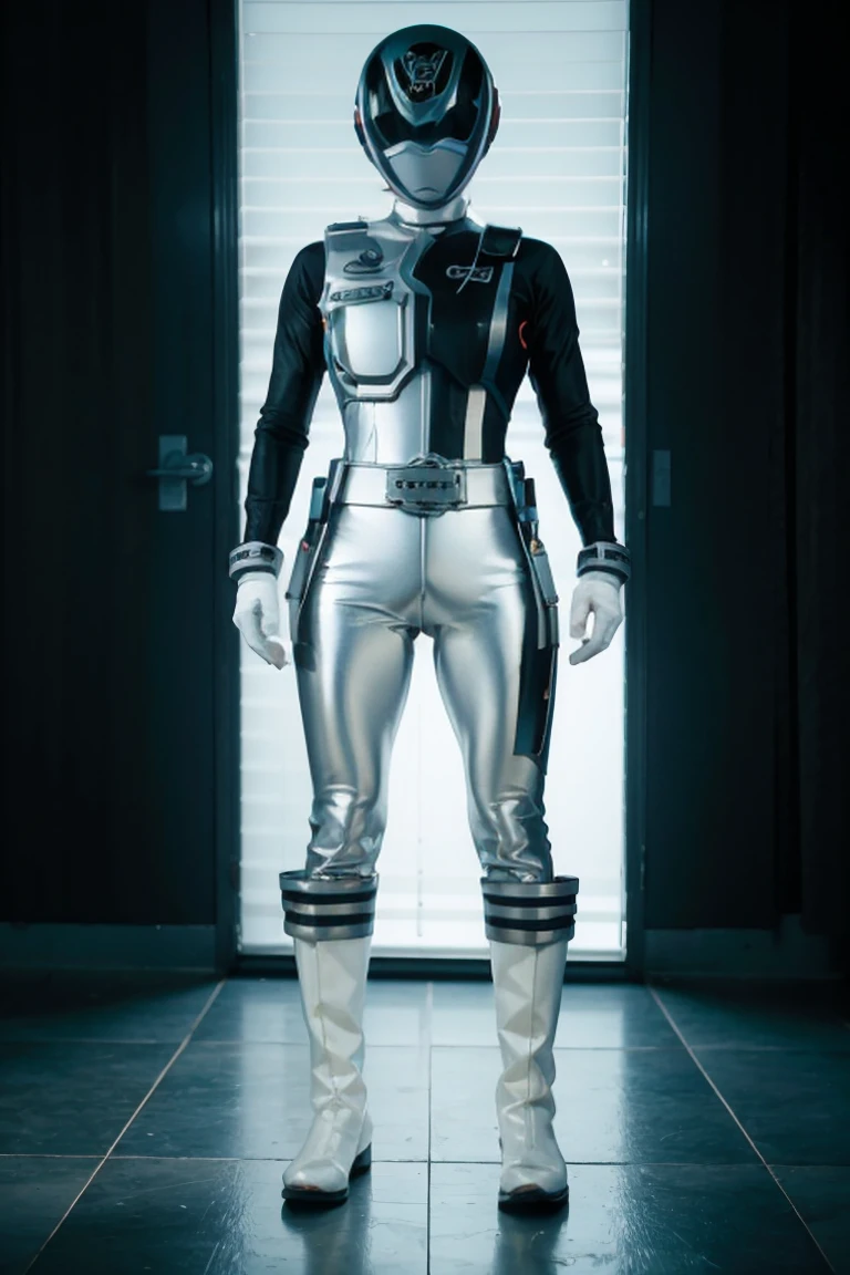 1 child, white, full body, illustration, cinematic light, High resolution, The best quality, ultra detailed, masterpiece, power I wore a, powerranger, I wore a, spd, (Silver ranger I wore a))