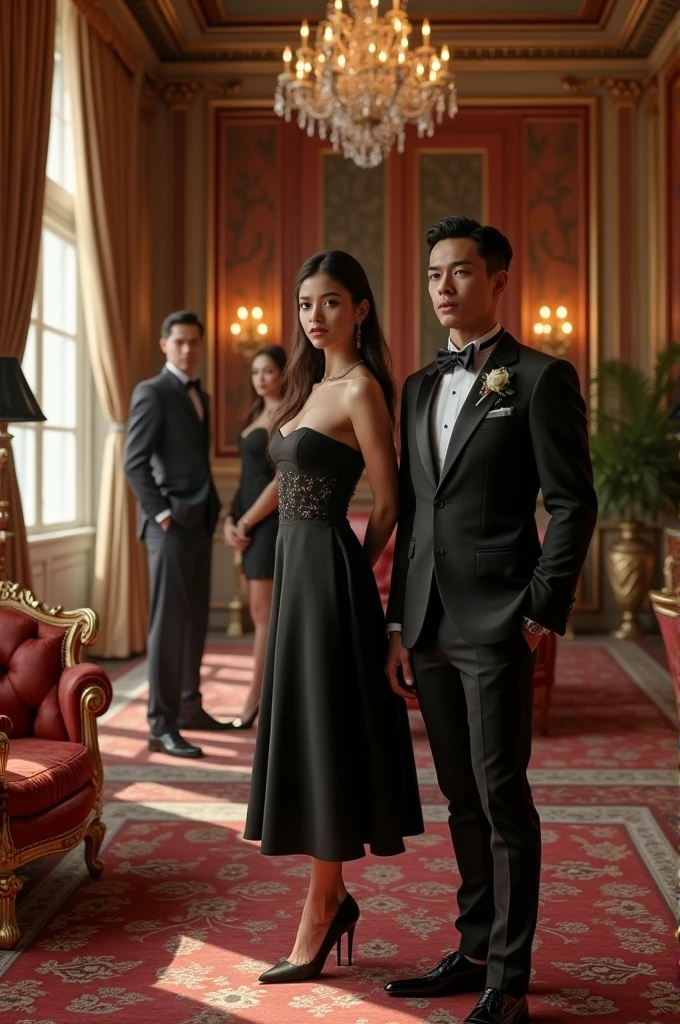 just a 3 asian man in a suit following a blonde asian woman with long hair in a white dress in a garden of a luxurious mansion at night
