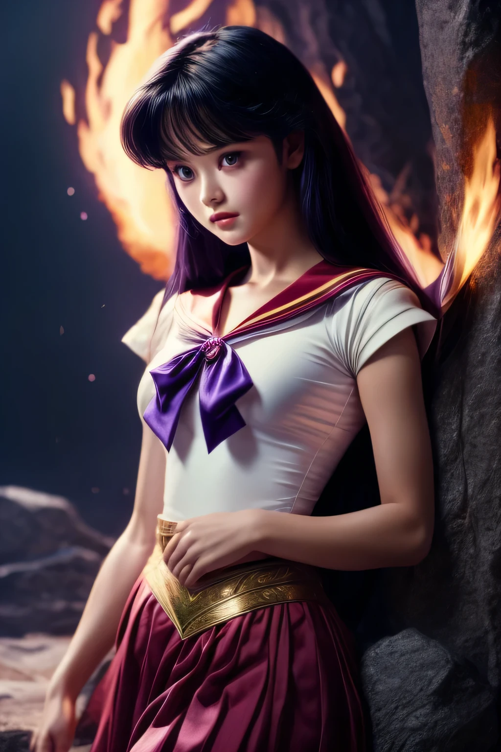 sailor mars, realistic, 1girl, beautiful detailed eyes, beautiful detailed lips, extremely detailed face and features, long dark purple hair, dark purple eyes, red skirt, purple ribbon, white top, photorealistic, 8k, ultra-detailed, highly detailed, intricate details, masterpiece, cinematic lighting, dramatic lighting, vibrant colors, rich textures, elegant, graceful, powerful, magical girl, fantasy, 1980 dark fantasy movie, fire power, small chest