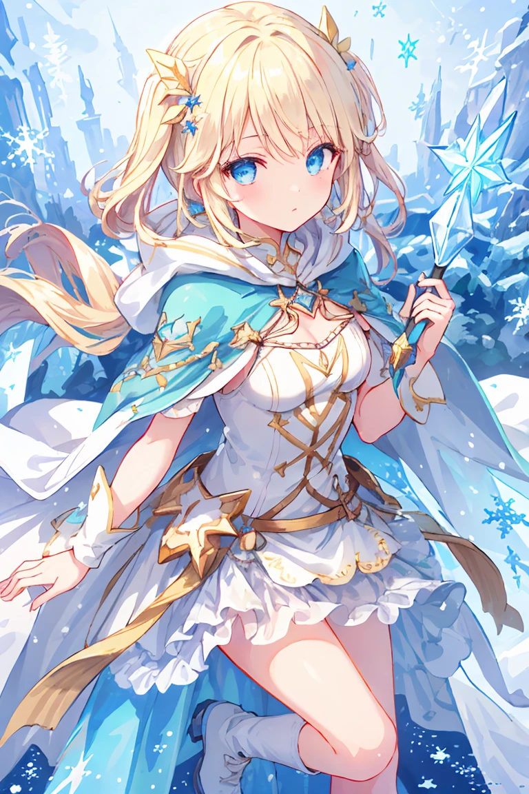 "Epic desert daylight atmosphere, Stunning 4k artwork，Depicts a beautiful girl，A lot of snowflakes，很多ice crystals，ice crystals，Ice cubes，Light blond hair. Blue Diamond Eyes. She is wearing a white hero cape and hood in the desert"，Holding a magic wand