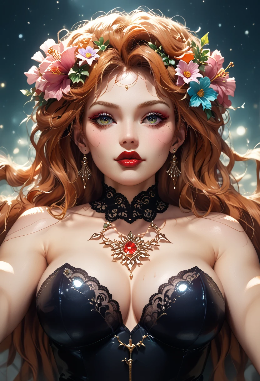 (kabedon on viewer),One girl, Plump Lips Red Lipstick, beautiful body, Perfect Figure, Beautiful Beautiful Eyes, Неоновый world, complex details, Background Detailed Flower Paradise, Wide Image Capture, Very detailed, Maximum Quality, complex picture, bright colors, Artgerm Style, Clear Elaboration of All Small Details, Gold watch on the arm, Image Beyond Understanding, Complex Processing, Dynamic shadows, world, Shine Beauty, Small particles of dust sparkle, The Perfect Picture,core_9, score_8_up, score_7_up,
