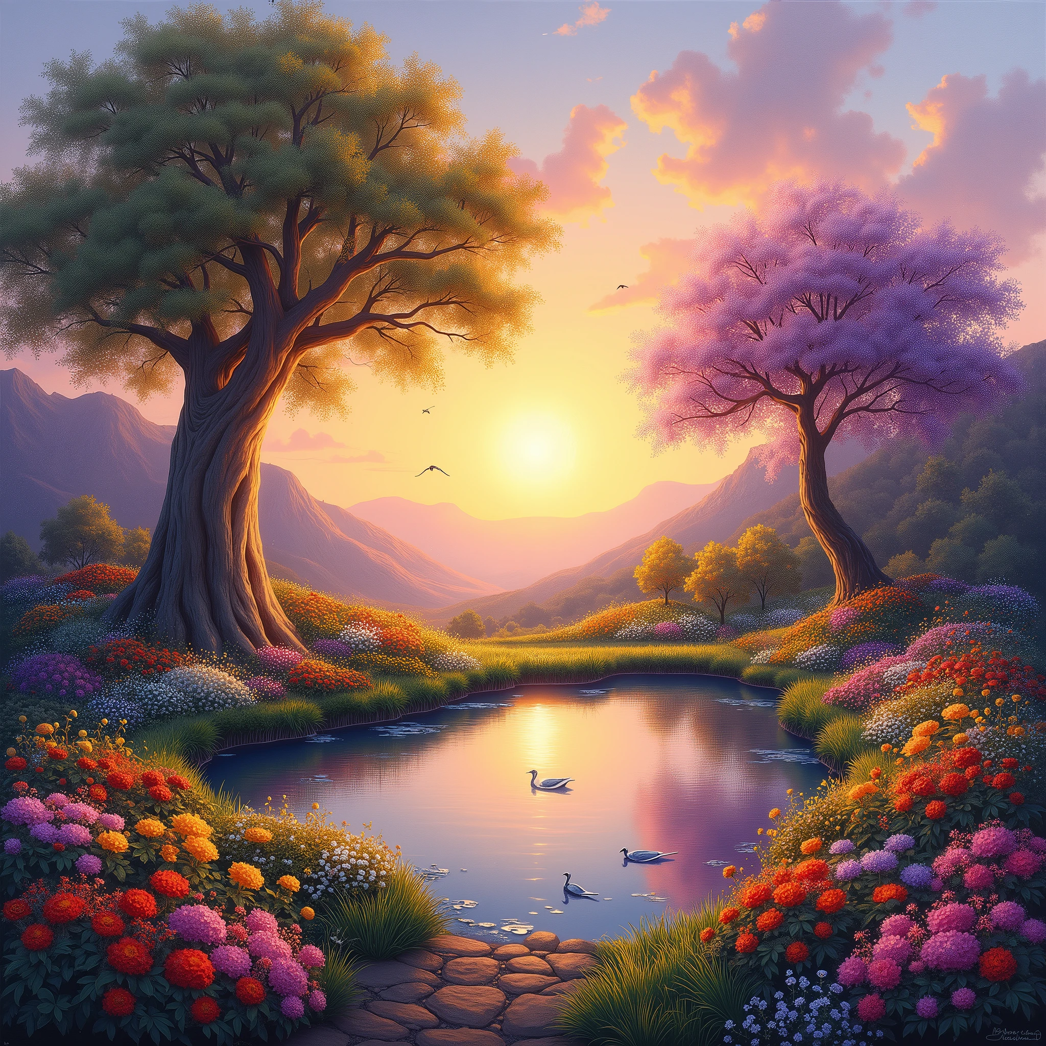 Painting of a beautiful sunset with a lake and swans - SeaArt AI