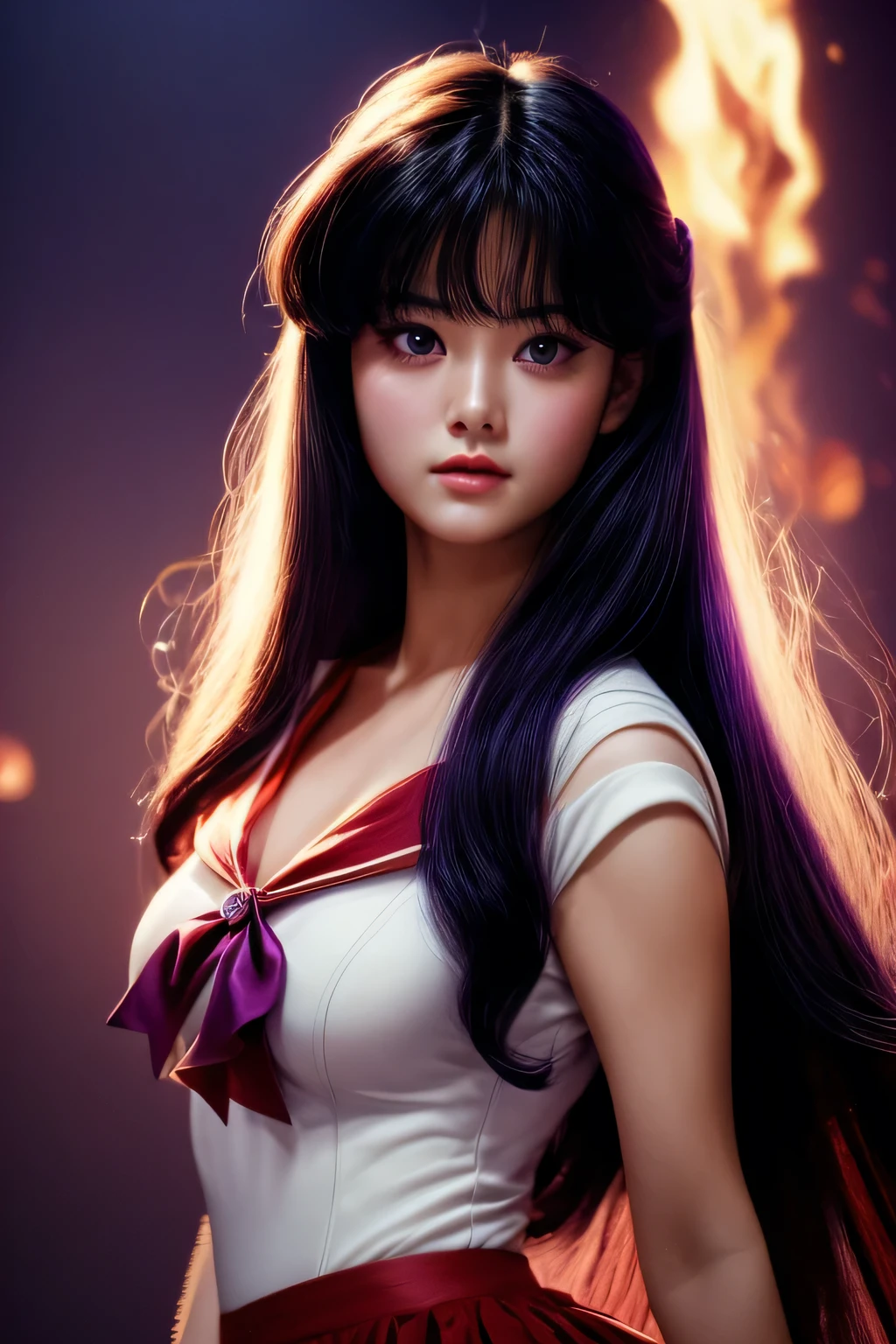 sailor mars, realistic, 1girl, beautiful detailed eyes, beautiful detailed lips, extremely detailed face and features, long dark purple hair, dark purple eyes, red skirt, purple ribbon, white top, photorealistic, 8k, ultra-detailed, highly detailed, intricate details, masterpiece, cinematic lighting, dramatic lighting, vibrant colors, rich textures, elegant, graceful, powerful, magical girl, fantasy, 1980 dark fantasy movie, fire power, small chest