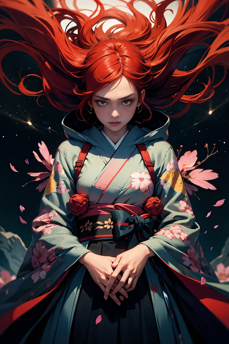 (masterpiece, top quality, best quality, official art, beautiful, cosmic, atmospheric, psychedelic, dreamlike, shinto shrine and aesthetic:1.2), (1girl, platinum red hair, beautuful highly detailed Harajuku-inspired hooded kimono, tons of tattoos and piercings, super huge enormously gigantic nude tits and nipples exposed, cleavage showing, gigantic tits bursting out of her kimono), extreme detailed,(fractal art:1.3),colorful,highest detailed, cherry blossoms blowing in the wind, swirling psychedelic cosmic dreamlike graffiti patterns