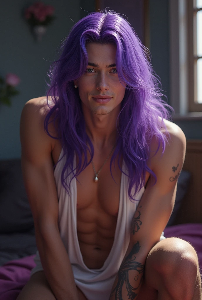 Boy with long, two-tone hair, left side purple and right side black, rostro masculino afeminados Chico, Chico, boy , sexy, effeminate body, man, densudo, open legs