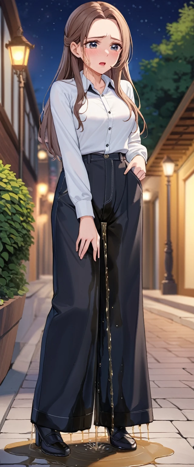 ((best quality, masterpiece:1.3, 8K)), (detailed), highly detailed face and skin texture, detailed eyes, downtown, seductive pose, full body, slender body, 1girl, 25 years old, white skin, blue eyes, bright lips, worried, embarrassed, long hair, (forehead:0.8), (stylish top:1.2), jeans pants, blue jeans, footwear, peeing jeans, peeing pants, pee stain, (wetting herself:1.5), desperation,