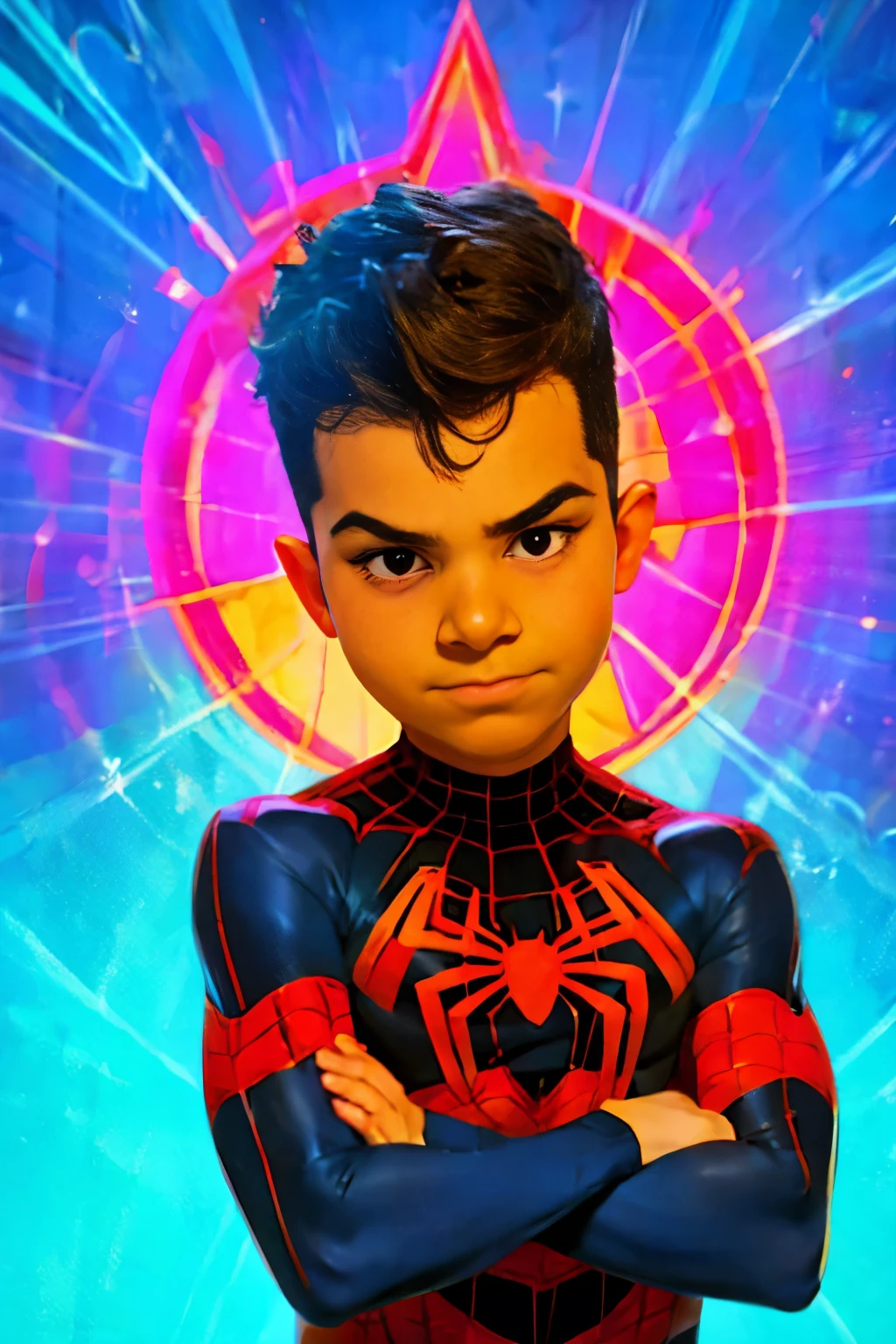 Half-body , Thoe, ((A boy, ***)), Marvel Comic Panel Drawing: A boy with black eyes, in Dynamic pose, crossed arms, wearing a black spider-man suit, short black hair , ((Comic abstract background))