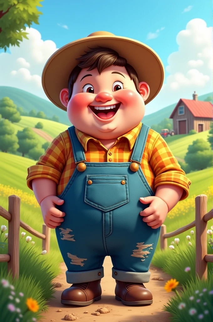 Make a picture of a very fat boy standing in front of a dirty pig farm. and write the word"Anan Farm"Stylist America has bright colors and muddy pigs in the photos.