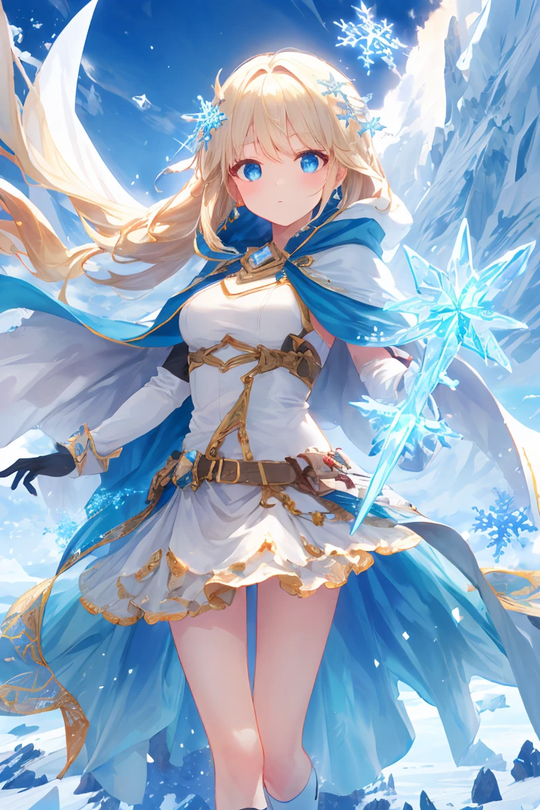 "Epic desert daylight atmosphere, Stunning 4k artwork，Depicts a beautiful girl，snowflake，很多ice crystals，ice crystals，Ice cubes，Light blond hair. Blue Diamond Eyes. She is wearing a white hero cape and hood in the desert"，Holding a magic wand