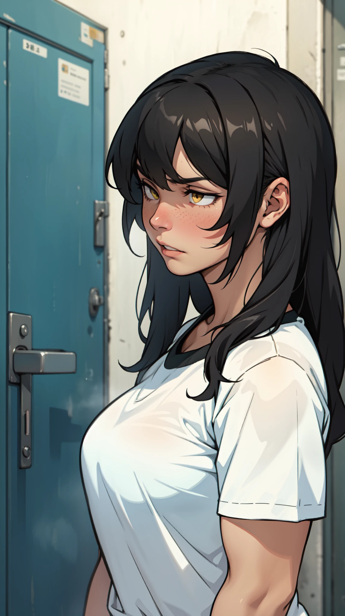 A man with black hair, wearing a white t-shirt, flat expression, background is courtroom, wide angle, only showing upper body (super detailed details), (super detailed CG: 1.2), anime art style, high quality 8K anime wallpaper, RGB lighting