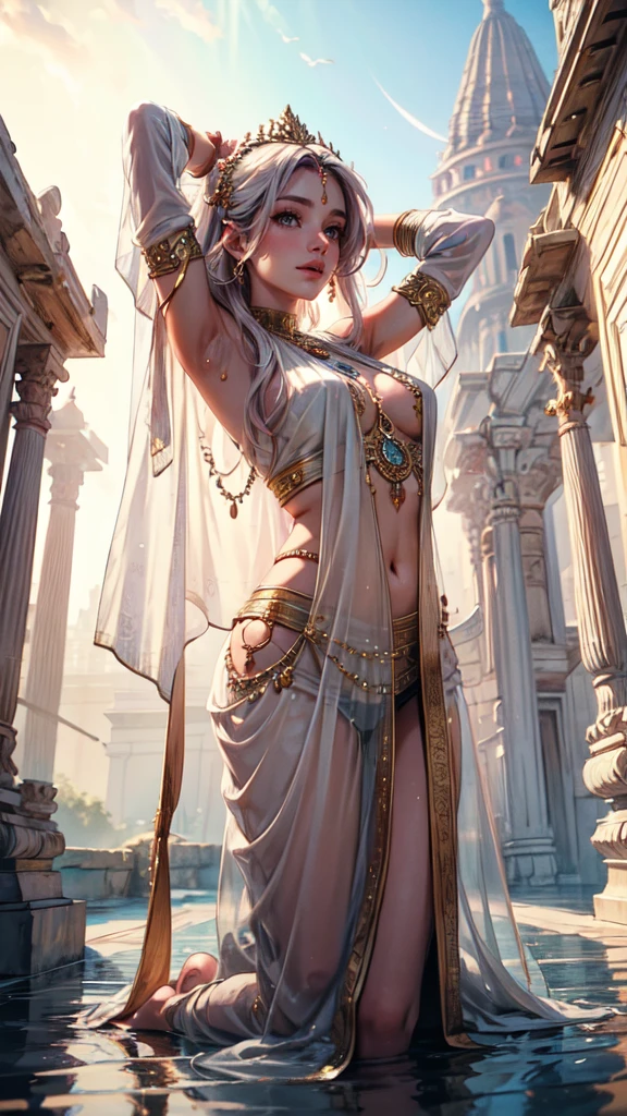 arafed image of a woman walking in front of a group of statues, concept art by John La Gatta, cgsociety contest winner, fantasy art, karol bak and peter mohrbacher, artgerm julie bell beeple, greek myth digital painting, symmetrical epic fantasy art, boris vallejo and tom bagshaw, rob rey, mythology artwo
((high jumper's body proportions)), ((obesity: 0.0)), (((no panties)), ((no panties))), ((No pants),(No socks)),(No skirt)))),((No shoes)))),((Dynamic posture)),(Fighting stance), (Full body), (Greek feet), (Carefully groomed nails),((Delicate and small toes, perfect toes))), (Camel toes),((Correct anatomy)),((Correct dissection))),( Clothing: transparent cheongsam made of transparent plastic, high slit design, white flowers cut at the waist, perfectly blending with the figure))), ((gemstones, diamonds, pendants, necklaces, waist chains, stud earrings, earrings, bracelets, anklets)), (((the sword flies, the robe flutters with the wind))), (((the world of clouds and mist))), ((the flying sword is inlaid with gems))), (the clothes are painted with ink landscape paintings)))), (almost naked))) ((fully see-through exposed crotch, clear closed crotch cleft streaks)), ((without bra)), slender body, (almost naked))), (( Ancient Greek-style robe of colorless transparent fabric with minimal cloth area)), ((colorless transparent fabric bra with minimal fabric area)), ((colorless transparent loin cloth with minimal cloth area)), ((Bust mostly exposed with full see-through))), Perfect slim body (nipple slip: 0.5)
((masterpiece)), (detailed), alluring succubus, ethereal beauty, perched on a cloud, (fantasy illustration:1.3), enchanting gaze, captivating pose, otherworldly charm, mystical sky, soft colors, (detailed cloudscape:1.3), (high-resolution:1.2), ((masterpiece)), (best quality), HDR, ((masterpiece)), (best quality), HDR, FEMME, Mirela Anton art Style, artistic, Soft color palette, windblown flowers, Sparkle, magical photography, Soft smooth lighting, Light background,