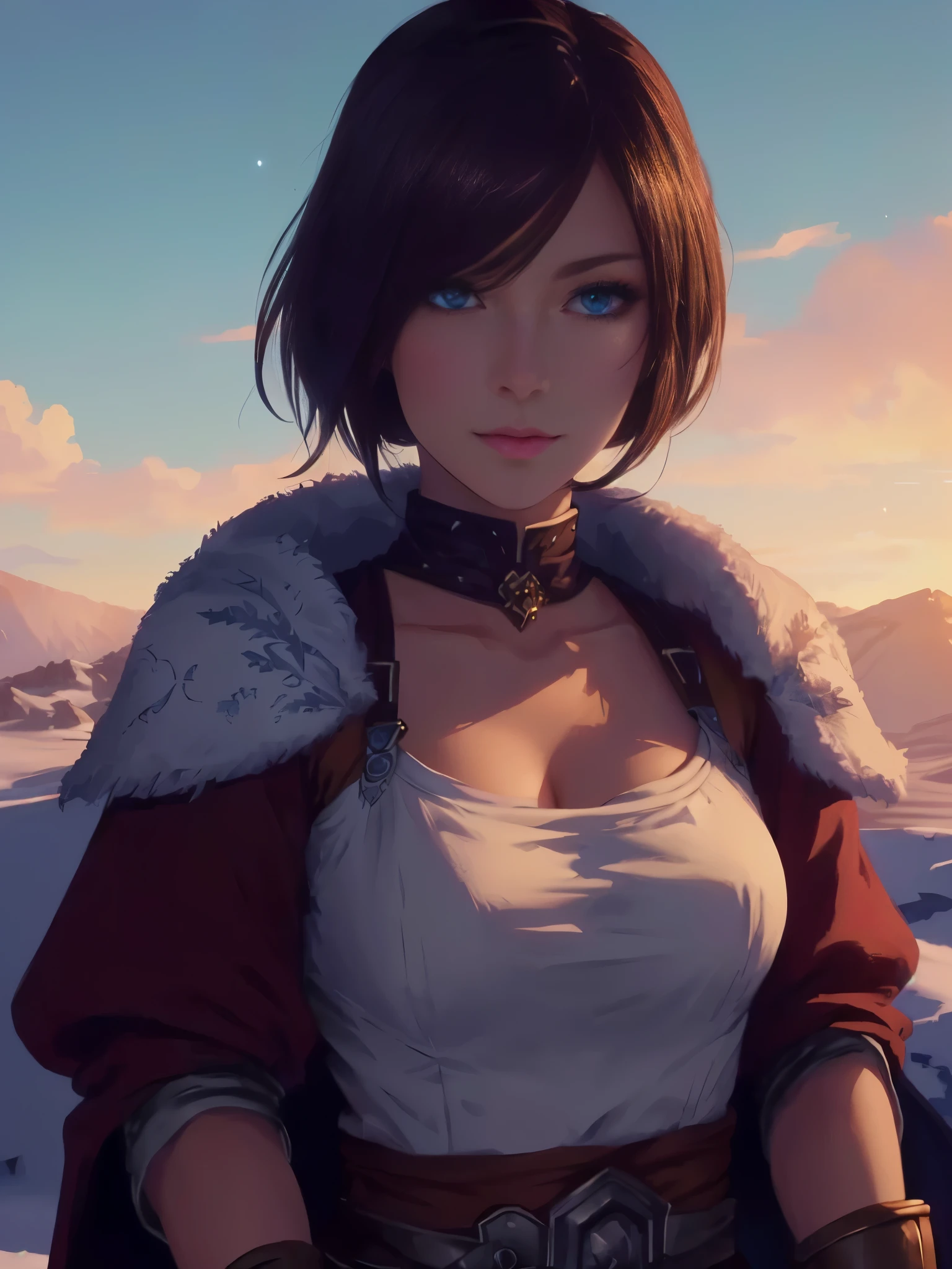 Fantasy portrait of beautiful female adventurer a woman in a white shirt and brown cape holding, fantasy artwork, detailed digital anime art, blue eyes, perfect face, gorgeous winter background, , anime style 4 k, 8k high quality detailed art, i4 k, digital anime art