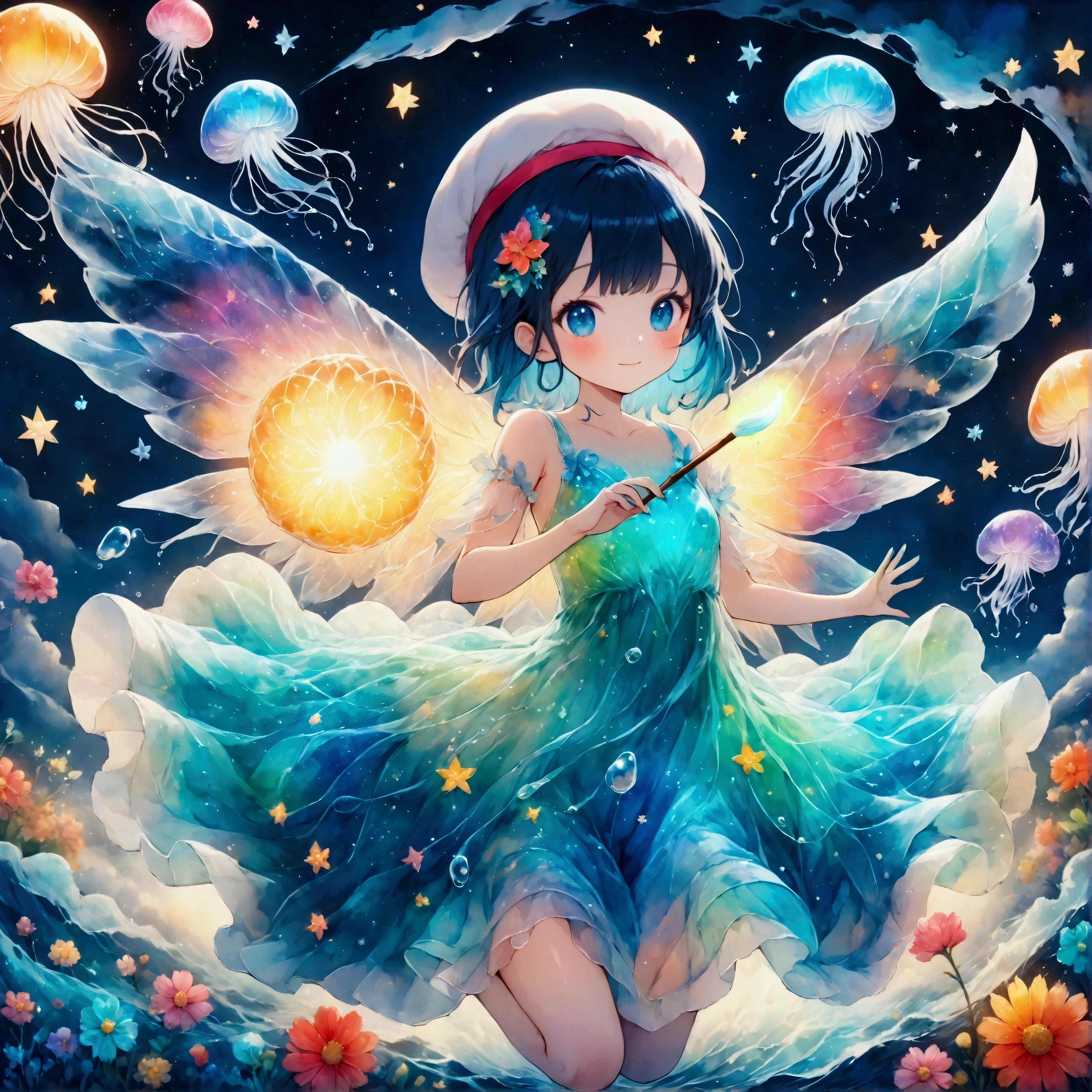 A small sea fairy with a transparent blue body resembling a water droplet, delicate jellyfish-like wings on its back, and a stylish artist's beret on its head. The fairy is holding a paintbrush in its hand, flying through the air, and using the waves and wind of the sea to paint. Surrounded by soft sea foam and gentle breezes, the character radiates creativity and joy. The atmosphere is whimsical and artistic, with warm, friendly expressions that emphasize the fairy's role as a cheerful and imaginative mascot. The scene captures a light and playful mood, with a focus on the fairy's beret and artistic tools.,Anatomically correct,colorful,Colorful,Absurdly beautiful,Transparency,Bioluminescent Dress