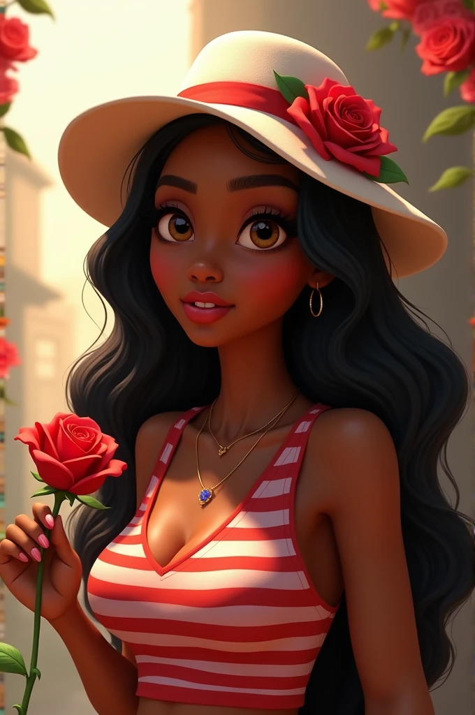 Whole body picture of a woman with a brown colored skin and a black hair wearing a red dress and a brown hat selling flowers on the side of the steets with her bike on her side. 