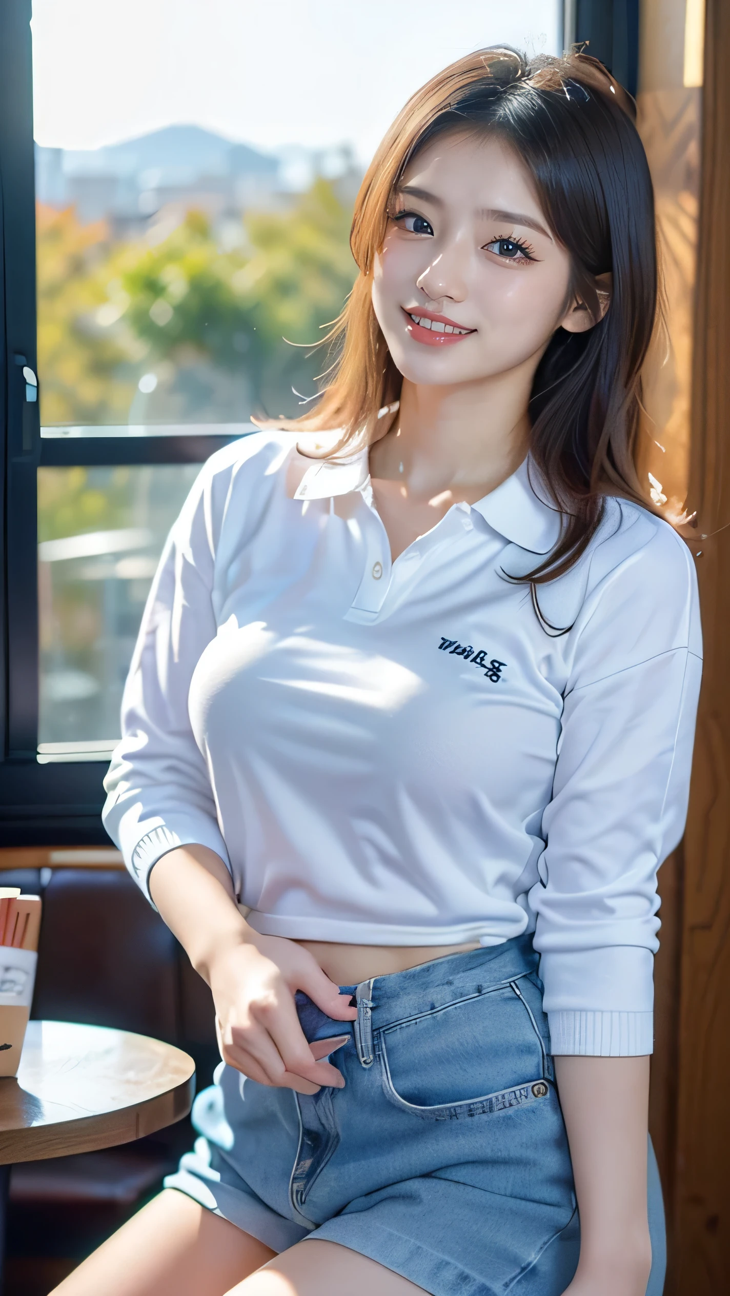 1 girl, solo, white polo shirt, white sneakers, navy blue tennis wear: 1.3, white mini skirt, masterpiece, top quality, realistic, hyper detail, (glossy, sweaty: 1.4), absurdity, camera gaze, short black hair, brown eyes, slender, dynamic lighting, high resolution, sharp focus, depth of field, detailed eyes, sharp eyes, realistic eyes, (big: 1.2) , (Thick Thighs: 1.0), Outdoor, Sky, Korean Idol, Nogizaka Idol, Gravure Idol, Actress,
