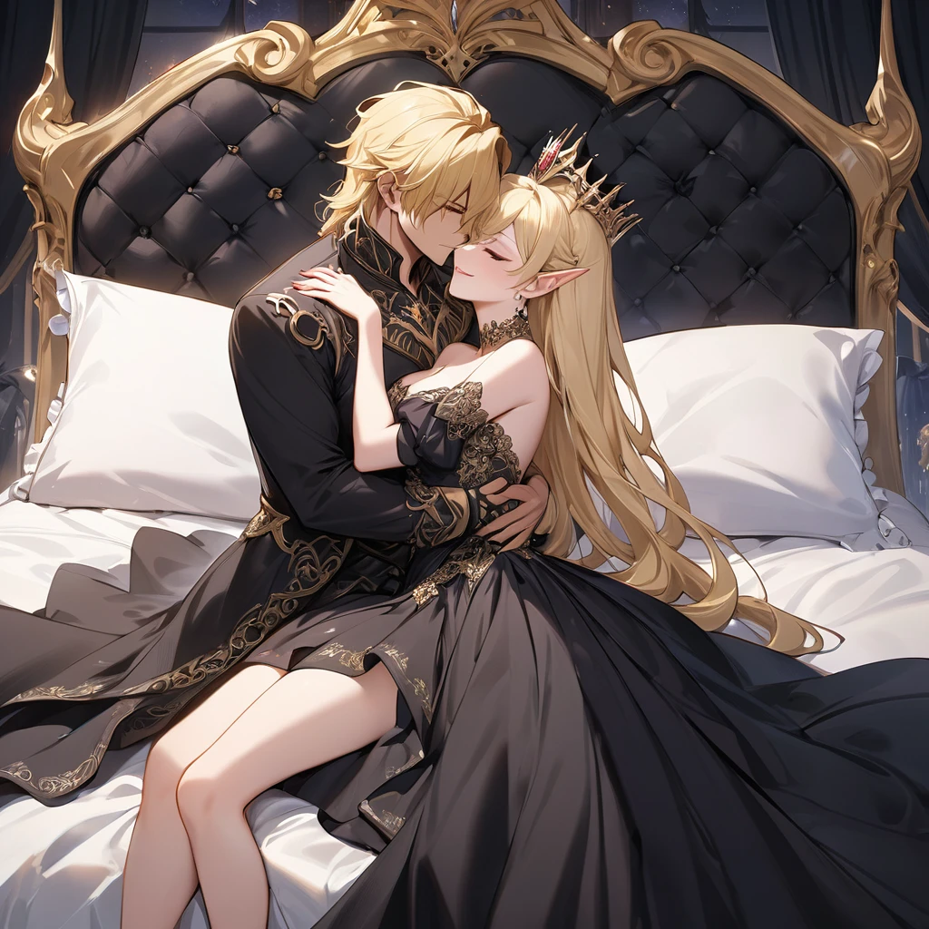 ((Best Quality)), ((masterpiece)), (detailed), （Perfect Face）、The woman was Seras Ashlain, a blonde dark elf queen wearing a royal black dress with gorgeous gold embroidery and trim, adorned with luxurious jewelry and an engagement ring, and smiling gently.、On a large, luxurious bed, a woman and a demon man are embracing, kissing and making love. The dignified demon king and his elegant, noble queen who loves and follows him with all her heart.、The devil man is a king and he embraces and loves the woman