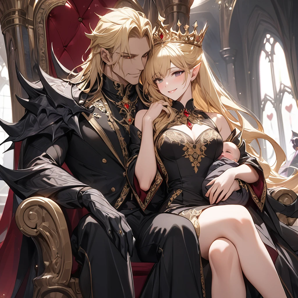 ((Best Quality)), ((masterpiece)), (detailed), （Perfect Face）、The woman is holding a baby、The woman was Seras Ashlain, a blonde dark elf queen wearing a royal black dress with gorgeous gold embroidery and trim, adorned with luxurious jewelry and an engagement ring, and smiling gently.、On a large, luxurious throne, a woman is sitting next to a demon man, a dignified demon king, and an elegant, noble queen who loves and follows the king with all her heart.、The devil man is a king and he embraces and loves the woman