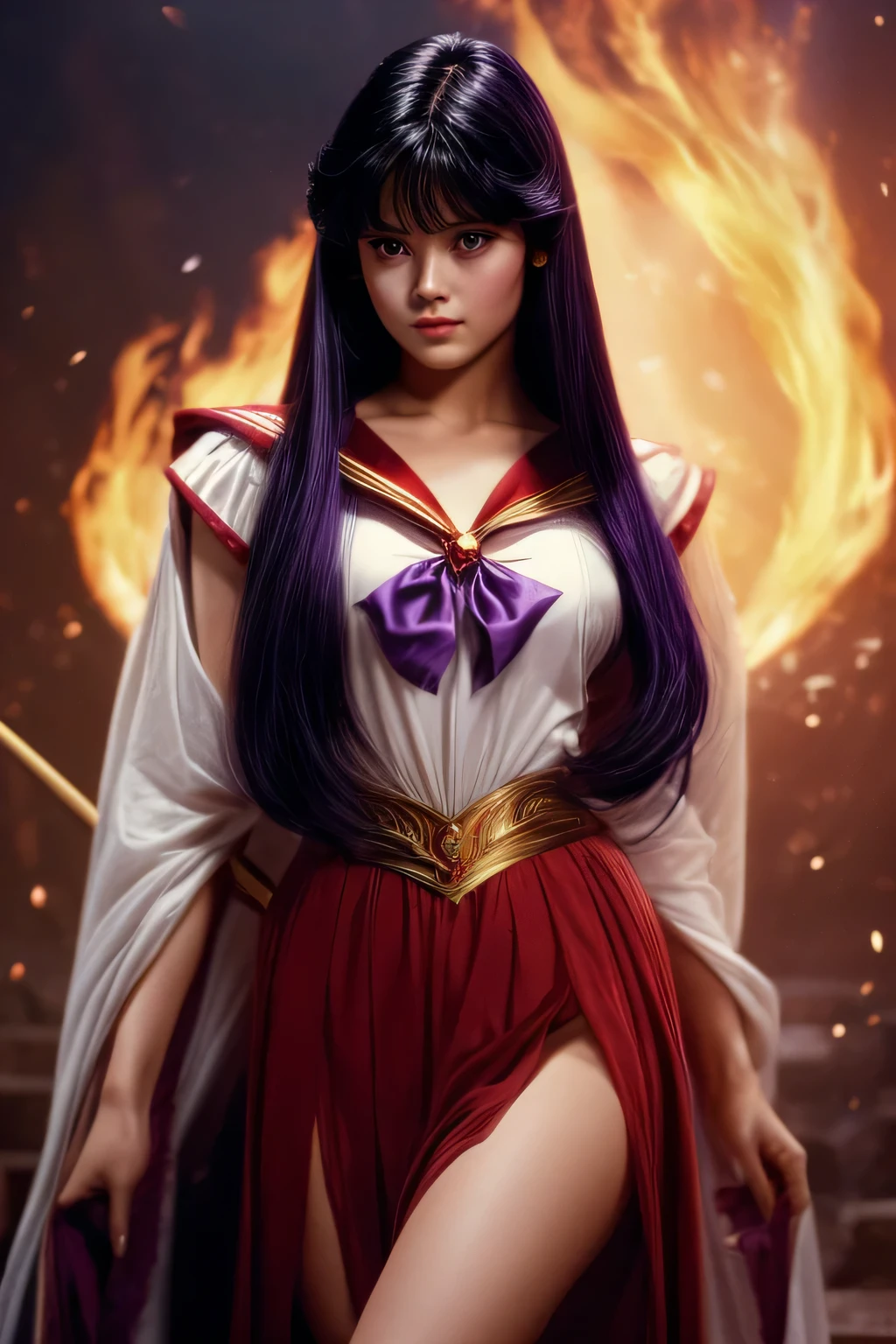 sailor mars, realistic, 1girl, beautiful detailed eyes, beautiful detailed lips, extremely detailed face and features, long dark purple hair, dark purple eyes, red skirt, purple ribbon, white top, red collar, photorealistic, 8k, ultra-detailed, highly detailed, intricate details, masterpiece, cinematic lighting, dramatic lighting, vibrant colors, rich textures, elegant, graceful, powerful, magical girl, fantasy, 1980 dark fantasy movie, fire arrow, small chest, modest outfit