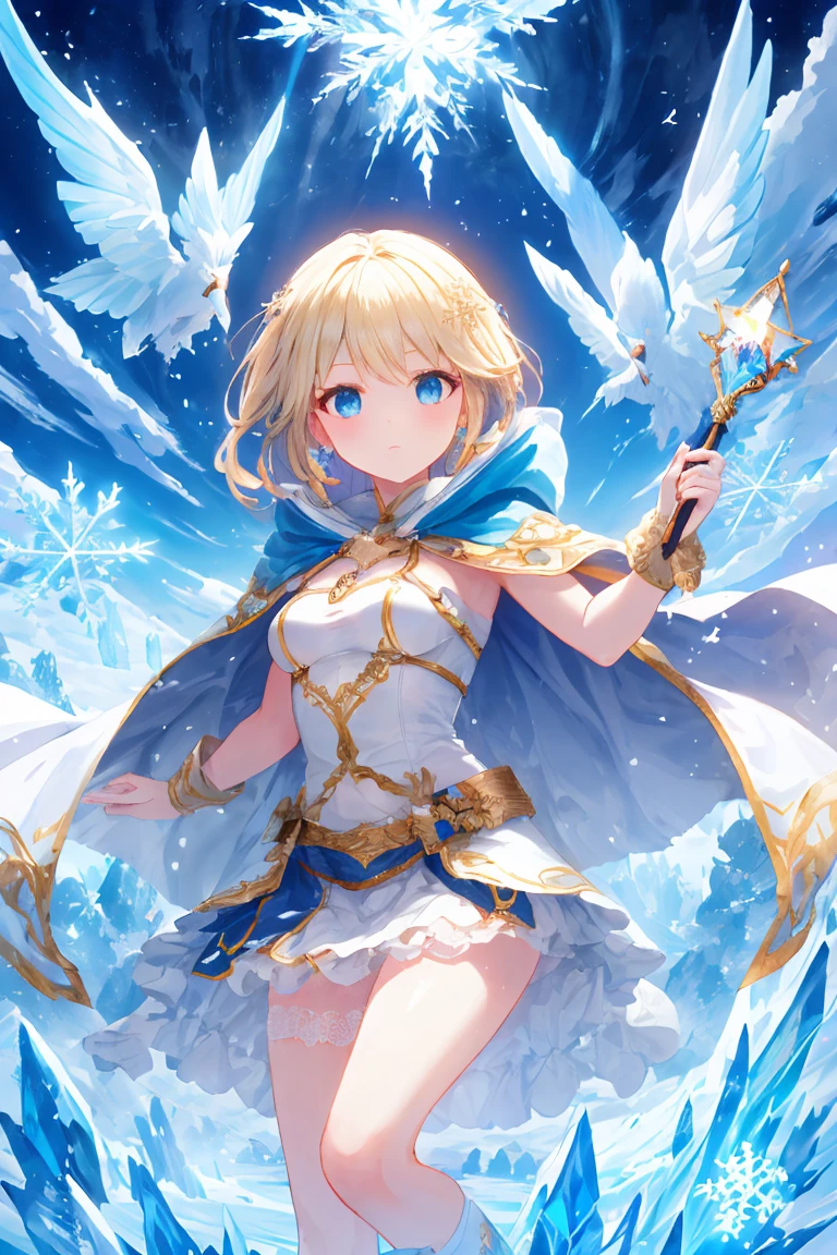 "Epic desert daylight atmosphere, Stunning 4k artwork，Depicts a beautiful girl，snowflake，很多ice crystals，ice crystals，Ice cubes，Light blond hair. Blue Diamond Eyes. She wears a white hero cape and hood."，Holding a magic wand