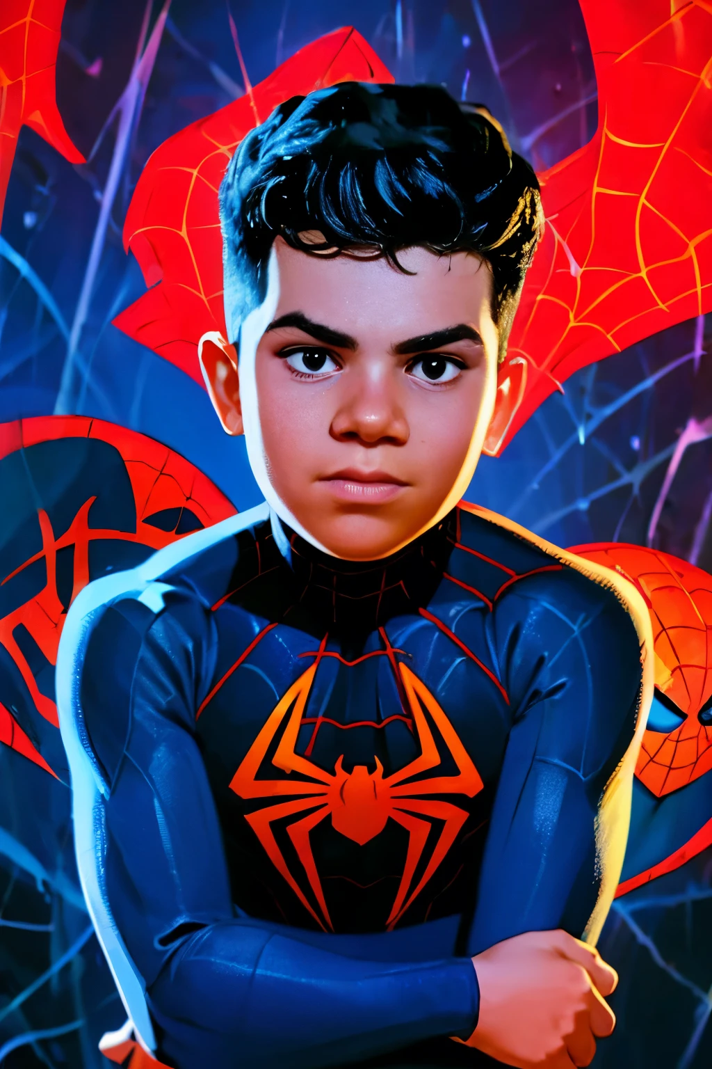 Half-body , Thoe, ((A boy, ***)), Marvel Comic Panel Drawing: A boy with black eyes, in Dynamic pose, crossed arms, wearing a black spider-man suit, short black hair , ((Comic abstract background)) 