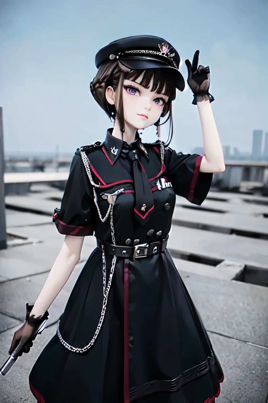 ((Thank You)), Short Hair, Braided Hair, (Brown Hair), Purple eyes, bangs, woman, Alone, (m1l1t4ry), necktie, black gloves, black dress, peaked cap, puffy dress, short sleeves,