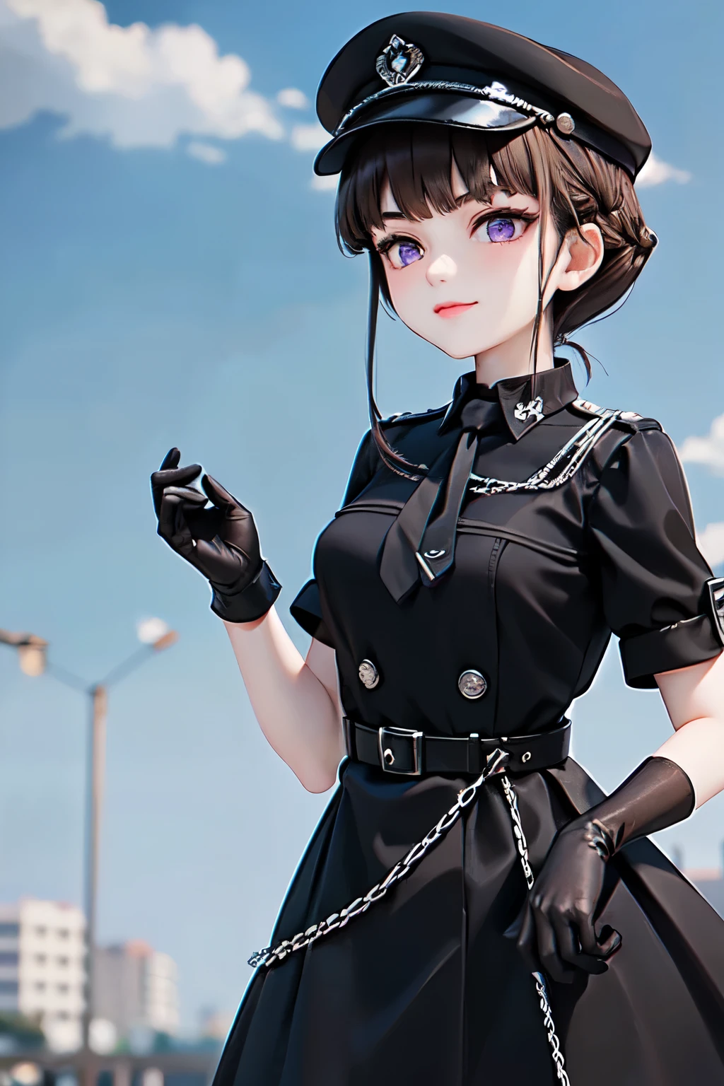 ((Thank You)), Short Hair, Braided Hair, (Brown Hair), Purple eyes, bangs, woman, Alone, (m1l1t4ry), necktie, black gloves, black dress, peaked cap, puffy dress, short sleeves,