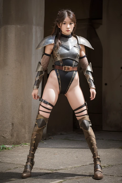 create an image of a warrior girl wearing armor leotard, made entirely of metal, with high-heeled leather boots over the knee