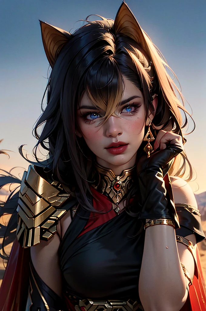 A adult girl in realistic portrait of high quality and detail, She standing in the desert, egyptian desert on background, Dehya (Genshin Impact), a tall young woman with dark skin, light blue eyes and black hair with ochre accents. Accessories resembling cat ears can be seen on her head. Her outfit consists of a top made of black and red fabrics, short black shorts, high boots and fingerless gloves, as well as a bunch of belts. On her hands, you can see elements of gold-colored armor: a shoulder pad, bracers and a glove on her right hand and a bracelet on her left bicep. She also wears a dark red "feathery" cape with two gold ornaments hanging from it. blue sky, white cloud, looking at viewer, (ultra-high detail:1.2), Masterpiece, Best Quality, Ultra-detailed, Cinematic lighting, 8K, delicate features, cinematic, 35 mm lens, f/1.9, highlight lighting, global lighting –uplight –v 4, cinematic, intense gaze, Cinematic lighting, 8K, high quality, Highest Quality, (Solo Focus), (extremly intricate:1.3), (Realistic), dramatic, masterful, Analog style, (Film grain:1.5), (warm hue, cold tone)