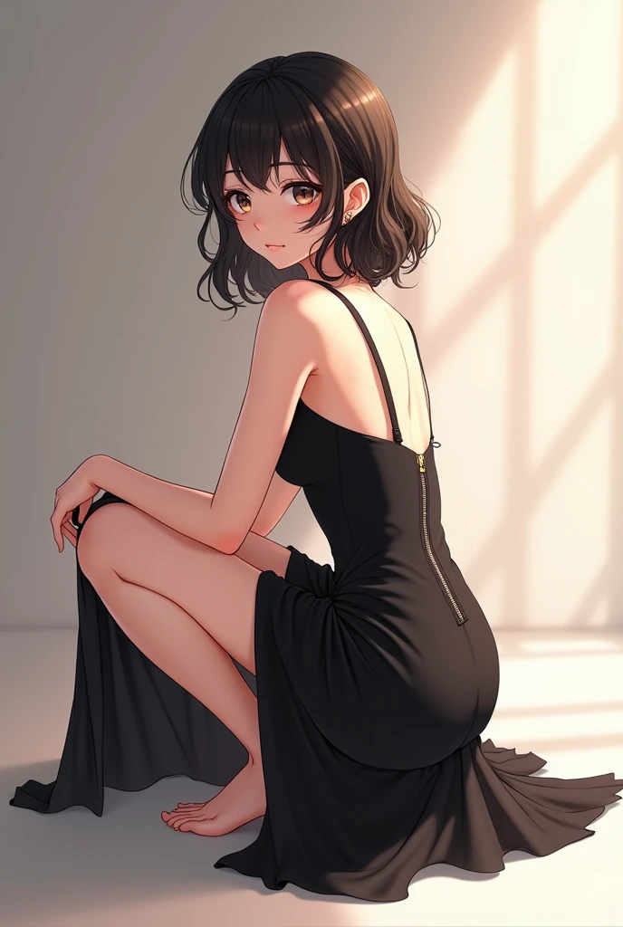 (1girl, full body, sitting, seductive pose, masterpiece, Super exquisite illustrations, best quality, light particles, Super detailed, 8k wallpaper,), ((petite, Small breasts)), (wearing (Faux leather shift dress)), (Winter theme, inside), Eyes: Large, almond-shaped, dark brown, Nose: Small and straight, Lips: Medium, natural pink, Hair: Long, straight, black, Skin Tone: Fair with a neutral undertone, Eyebrows: Thin and gently arched, Cheekbones: Soft and rounded, Chin: Rounded, Ears: Small and close to the head, Expression: Serene and graceful