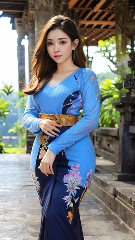 masterpiece, ultra realistic,32k,intricate details, sharp focus, realistic, closed, seductive pose, black eyes, jewelr, lips, realistic, looking_at_viewer, irene1, wet skin, shiny skin, long sleeves, indonesian clothes, bali, balinese, cityscape, dynamic pose, blue kebaya,full body,busty body,curvy body,long hair,beauty face,cowboy shot