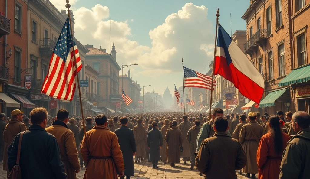 Photograph of a crowd of civilians and military celebrating the independence of the New England Republic in Boston waving socialist red flags and burning a U.s. bandeira.