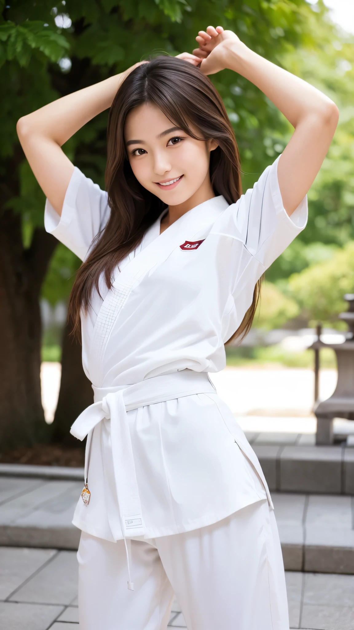 (Photorealsitic)Beautuful Women, (8K Beauty Full Body Portrait), Stand alone, Perfect facial detail, attractive beautiful face, 二重まぶた, Beautiful detailed eyes, long eyeslashes, (Smile: 1.15), ligh brown hair, Hair that does not fall on the shoulders, TOKYOcty, 17 age,1 female, Toned waist, Beautiful thin legs, toned ankles, bare-legged , White karate uniform, White karate pants