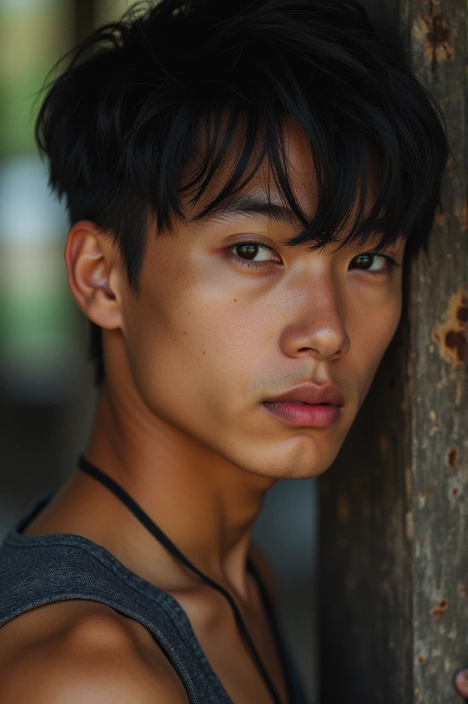The story of a young disciple named Punna, homen, 22 anos, careca, magro, Chinese. Uma imagem em close-up do rosto de um idoso vietnamita, illuminated by the light of the sky, com uma floresta ao fundo.