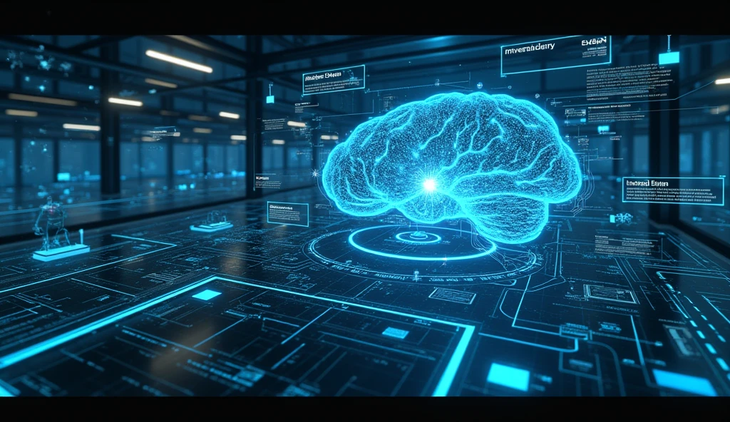 A detailed illustration of a human brain with a small, high-tech chip implanted into it. The brain's neural pathways are illuminated with glowing lines, connecting to the chip. In front of the brain, a transparent holographic screen displays intricate stock market charts, numerical data, and analytical graphs. The brain appears highly focused, with digital signals emanating from the chip, indicating rapid data processing. The background features a sleek, futuristic setting with more holographic displays and high-tech equipment, creating an atmosphere of advanced technology and intense intellectual activity