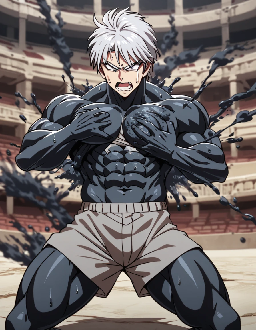 Hünkel,bandage,Silver Hair,Hulk-like body,(((18-year-old boy,Huge penis))),((Being pinned down by black tentacles)),Open your arms wide and clench your fists,Open your mouth wide,Wide, unfocused eyes,Many protruding veins,((Black tentacles attack from behind)),((Black tentacles shoot out from his chest:1.5)),Full body images,Painful expression,Black undershirt,Huge erect penis,A lot of sweat, tears, drool and semen,In the middle of the Colosseum,Gives off an evil aura,Standing karate stance,Toned Muscles,rape,Devil's Body